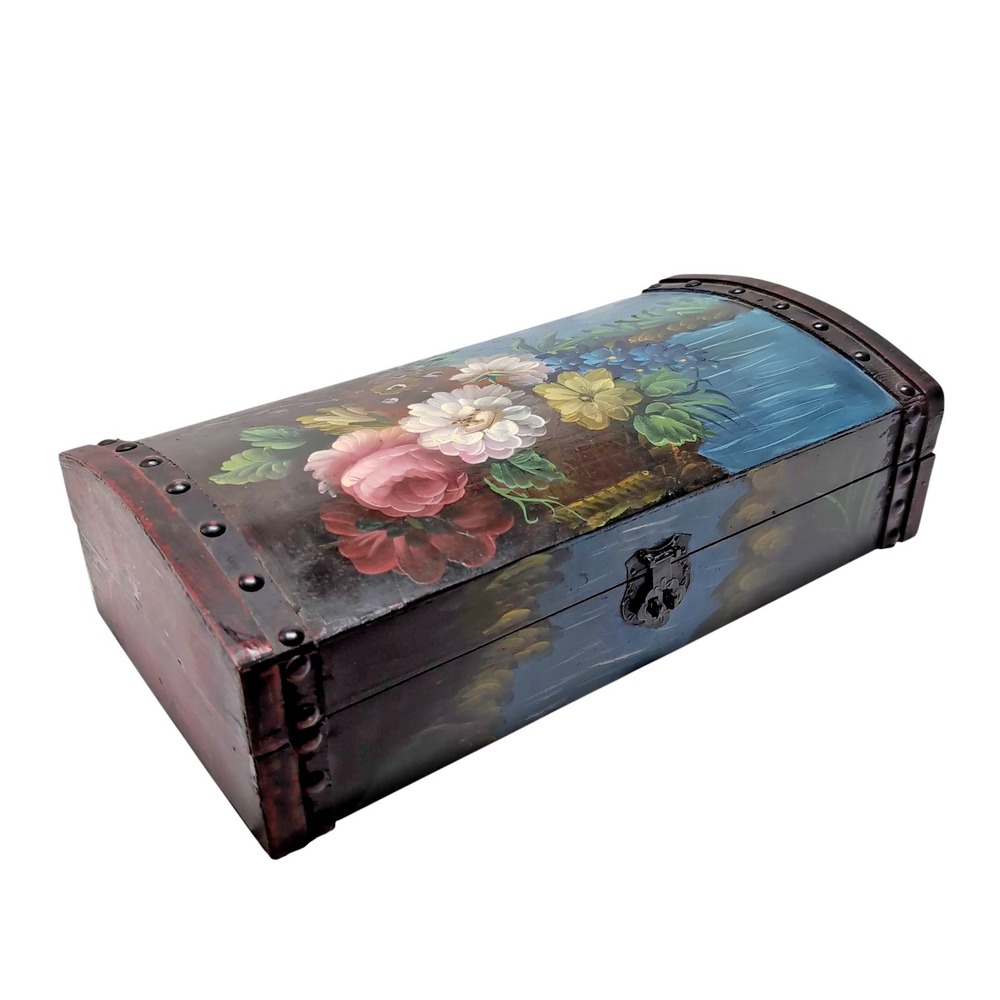 Vtg Hand-Painted Wooden Trinket/Jewelry Box Floral Design Humpback Lid Lined